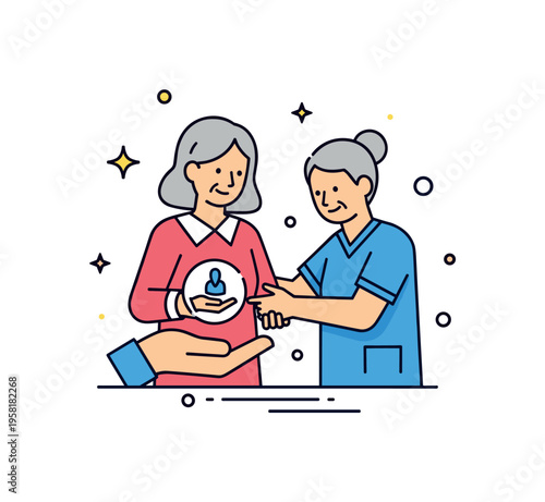 Personal care assistance compassionate scene with a caregiver helping an elderly person while holding a small support hand symbol representing kindness and