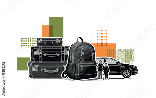 black and white suitcase and backpack stacked beside a parked family car, realistic cut-out objects with white outline, geometric rectangles and circular