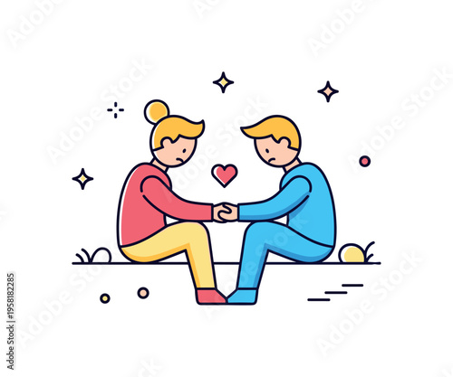 Couple supporting each other during hardship illustrated by two simple human figures sitting side by side while holding hands with a small heart between them.