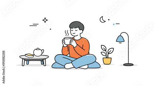 Peaceful moment. A person enjoying silence with a cup of tea, minimal furniture and lots of empty space around. The mood is slow, cozy, and emotionally warm.