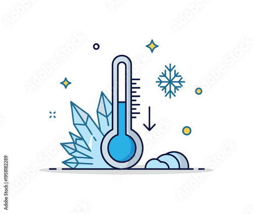 Cold temperature concept centered on a thermometer icon dropping into the blue zone while frost crystals form nearby and a small snowflake icon suggests