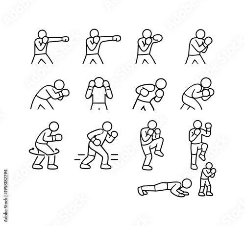 Boxing exercises. Line icon set of Boxing exercises: jab punch, cross punch, hook punch, uppercut punch, body punch, defensive block, slip movement, weave
