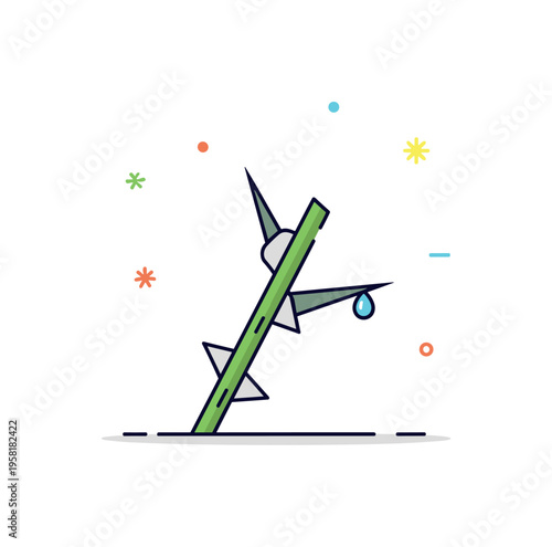 Sharp thorn tip highlighted on a simple botanical stem with a tiny droplet hanging near the point. Calm nature inspired scene emphasizing the delicate yet