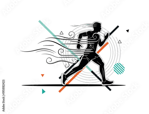 black and white runner stepping forcefully forward as wind shapes spiral around them, white contour outline around the runner, layered circular halos and