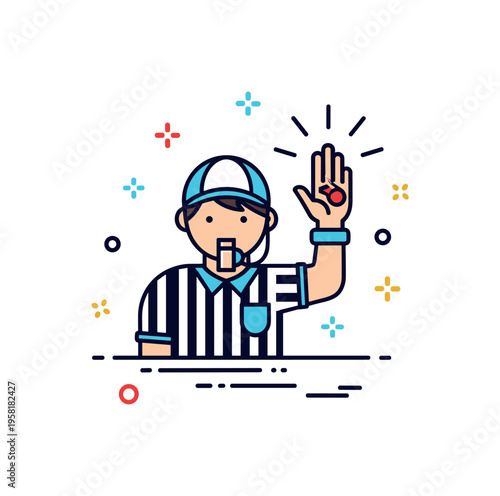 Sports referee signal illustrated by a small figure with a whistle and a raised hand gesture indicating a game call. Expressive visual metaphor of leadership,