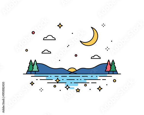 Night lake landscape quiet lake under a crescent moon with small stars reflected in the water creating a calm nighttime nature scene. The composition captures