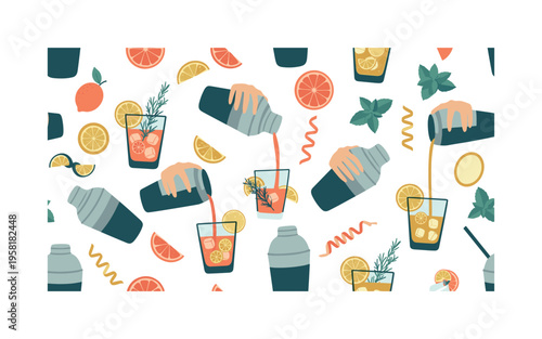 happy hour cocktail making seamless pattern, drinks being shaken poured and garnished with citrus and herbs arranged in a repeating pattern, white background