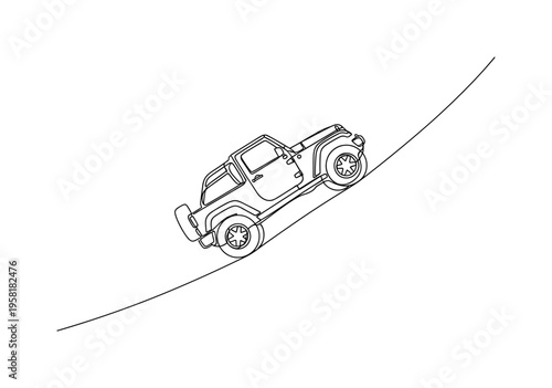 Extreme Dune Bashing. Minimalistic one-line drawing jeep angled sharply while descending a desert dune slope, continuous single black line on white background,