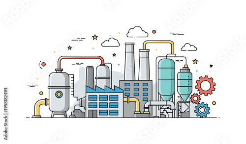Industrial manufacturing plant simple factory building with pipes, tanks, and gears representing different stages of production. Balanced