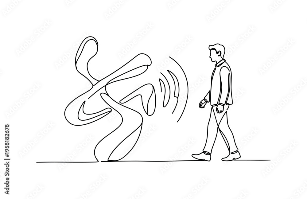 Obraz premium Motion Responsive Sculpture. Minimalistic one-line drawing person walking near a kinetic sculpture reacting to movement, continuous single black line on white