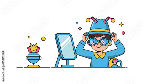 Mirror costume check where a child adjusts a funny hat and oversized glasses while looking proudly into a small mirror. The charming moment expresses humor,