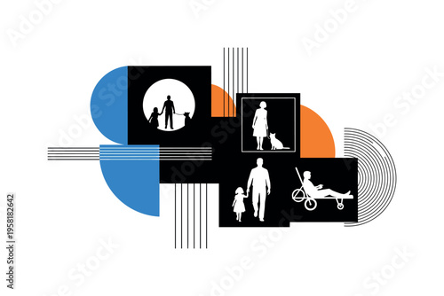 family playing with pet in living room abstract semicircles lines and geometric blocks symbolizing bonding and leisure during quarantine black and white retro