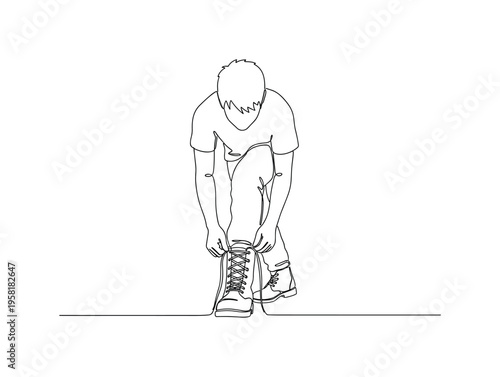 Boot Lacing. Minimalistic one-line drawing person pulling boot laces tight, continuous single black line on white background, simple outline style, no shading,
