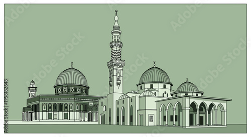 Architectural illustration of a mosque with domes and a tall minaret, showcasing intricate details of Islamic design