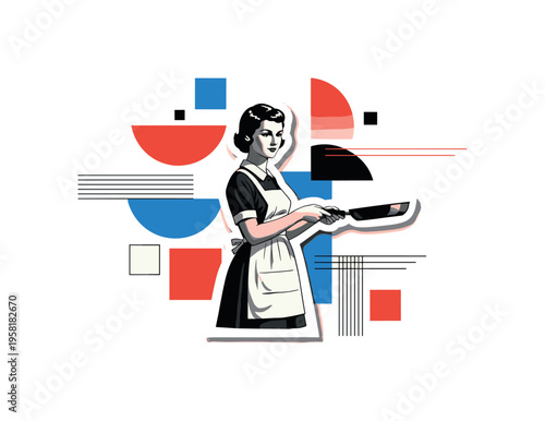 mother holding cooking pan abstract semicircles lines and geometric blocks floating around symbolizing daily kitchen routine black and white retro human figure