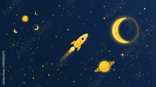 simple beautiful background with a rocket and planets on background
