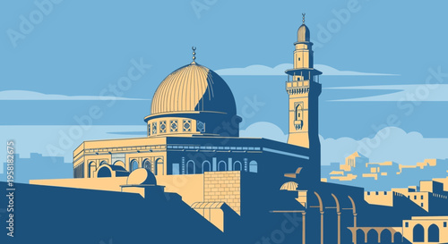 Illustrative panorama of an iconic golden-domed shrine and its towering minaret against a clear sky, embodying the rich heritage of a sacred city landscape