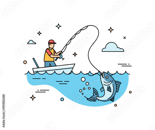 Deep sea fishing angler moment with a fisherman holding a rod on a small boat while a large fish pulls the line beneath the water. The lively scene captures