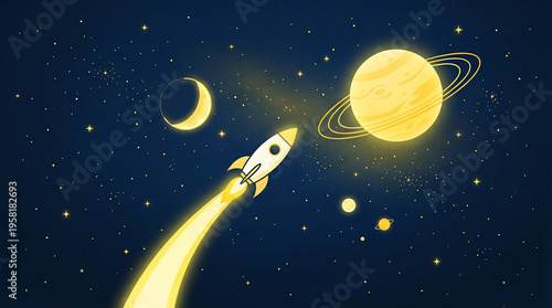 glowing rocket in the space getting closer to the planet on dark blue space background