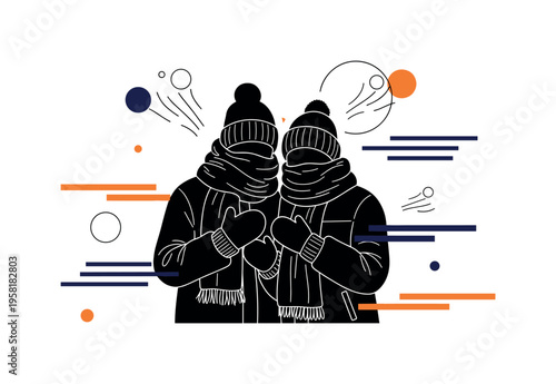 black and white group of two people bundled in thick scarves and mittens standing close together, cut-out collage effect with white outline, floating geometric