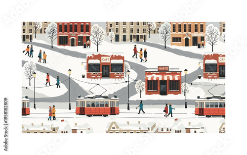 city winter tourism seamless pattern, repeating pattern, surface design, textile print, modern illustration of snow-covered streets, cafes, trams,