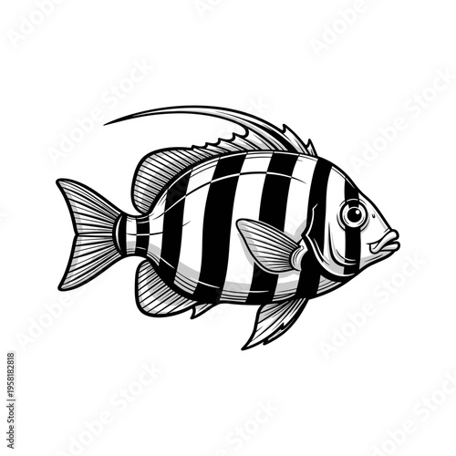 A black and white drawing of a striped fish