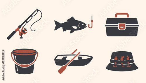 Fishing icon set with rod boat and tackle box on beige background