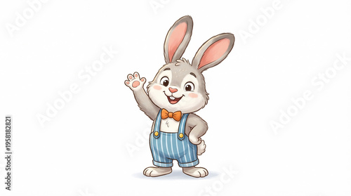 cute hand waving rabbit with smile on the face and blue trousers on white background