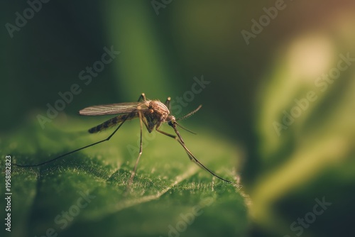 Resting Insect Among Moist Plants. Mosquito Resting Softly In Dewcovered Foliage Illuminated Subtly