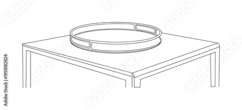 Decorative Metallic Tray. Minimalistic one-line drawing stylish serving tray with metallic rim placed on a coffee table, continuous single black line on white