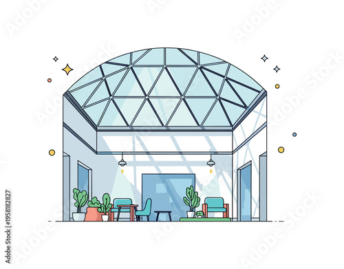 Sunlit interior atrium with a geometric glass roof casting soft light over simple plants and seating below. The bright composition reflects openness,
