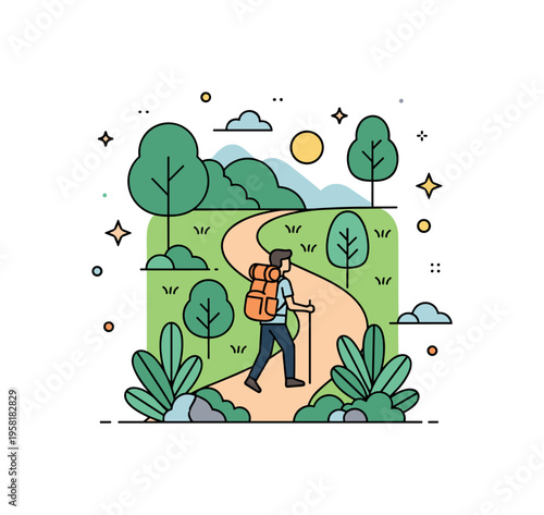 Peaceful hiking trail surrounded by lush greenery with a person following a winding nature path through plants and trees. The composition highlights calm