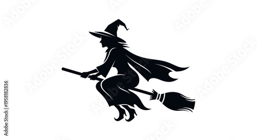 Black silhouette of a flying witch.