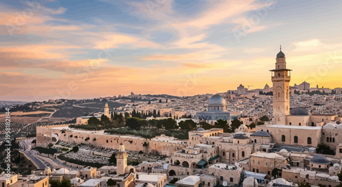 Golden hour illuminates the historic holy city of Jerusalem, a UNESCO World Heritage site