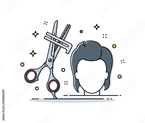 Hair trimming scissors detailed textured blades positioned near a simple hairstyle silhouette symbolizing precise shaping and trimming. The composition