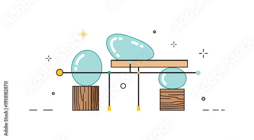 Contemporary craft sculpture modern artistic object where smooth glass forms rest on wooden blocks and thin metal supports creating a balanced sculptural