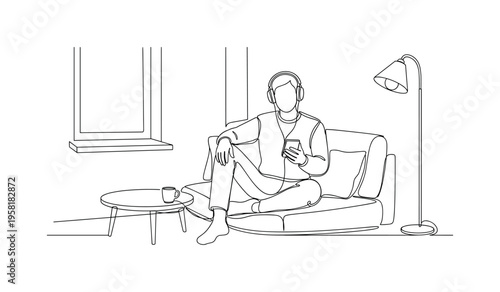 Peaceful Music Moment. Minimalistic one-line drawing person sitting and listening to music in a relaxed home environment, continuous single black line on white