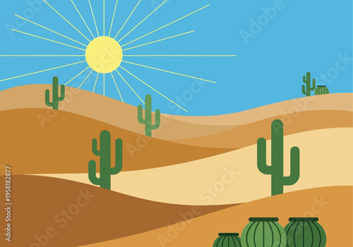 Desert Landscape with Cacti and Sun.