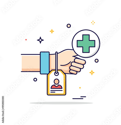 Healthcare admission wristband illustrated with a simple bracelet tag attached to a wrist while a hospital cross icon appears nearby. The scene expresses the
