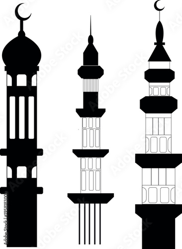 Three stylized minarets, iconic symbols of Islamic architecture, stand tall against the clear sky, representing faith and cultural heritage.