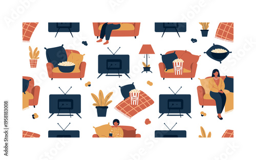 Movie night at home seamless pattern, people watching television with popcorn bowls cozy blankets and cushions arranged in a repeating pattern, white