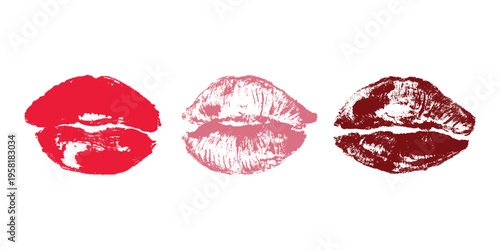Set of lipstick kiss print Different shapes and colors imprint of lips Red pink female sexy lips makeup Design elements for beauty fashion poster Valentines Day wedding