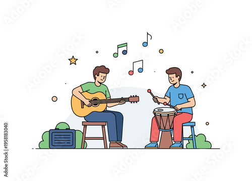 Open air music practice guitarist sitting on a small stool outdoors while another friend keeps rhythm with a hand drum and playful notes drift upward. Scene