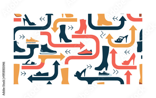 different styles walking forward seamless pattern, mixed footwear silhouettes stepping along curved path lines and simple direction arrows arranged in a