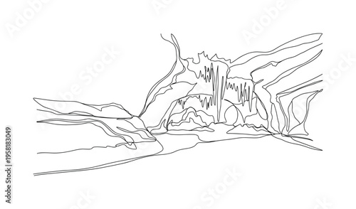 Ice Cave. Minimalistic one-line drawing interior of icy cave with stalactites and frozen textures, continuous single black line on white background, simple
