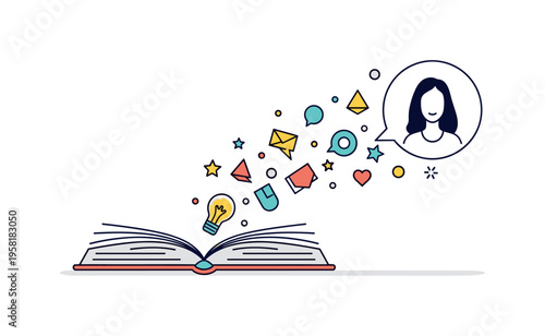 Imagination from a book open book with pages transforming into small floating shapes and symbols suggesting stories becoming ideas. The composition reflects