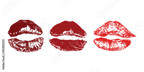 Set of lipstick kiss print Different shapes and colors imprint of lips Red pink female sexy lips makeup Design elements for beauty fashion poster Valentines Day wedding