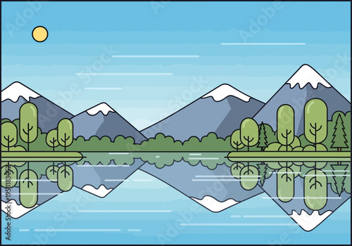 Stylized Mountain Landscape Reflection in Calm Water.