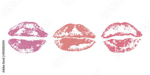 Set of lipstick kiss print Different shapes and colors imprint of lips Red pink female sexy lips makeup Design elements for beauty fashion poster Valentines Day wedding