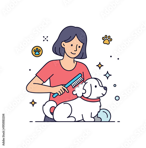 Pet grooming routine owner brushing a fluffy dog while small sparkles highlight cleanliness and care. Friendly scene celebrating responsible pet ownership and